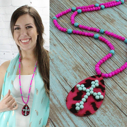 Pink/Turq Cross Necklace