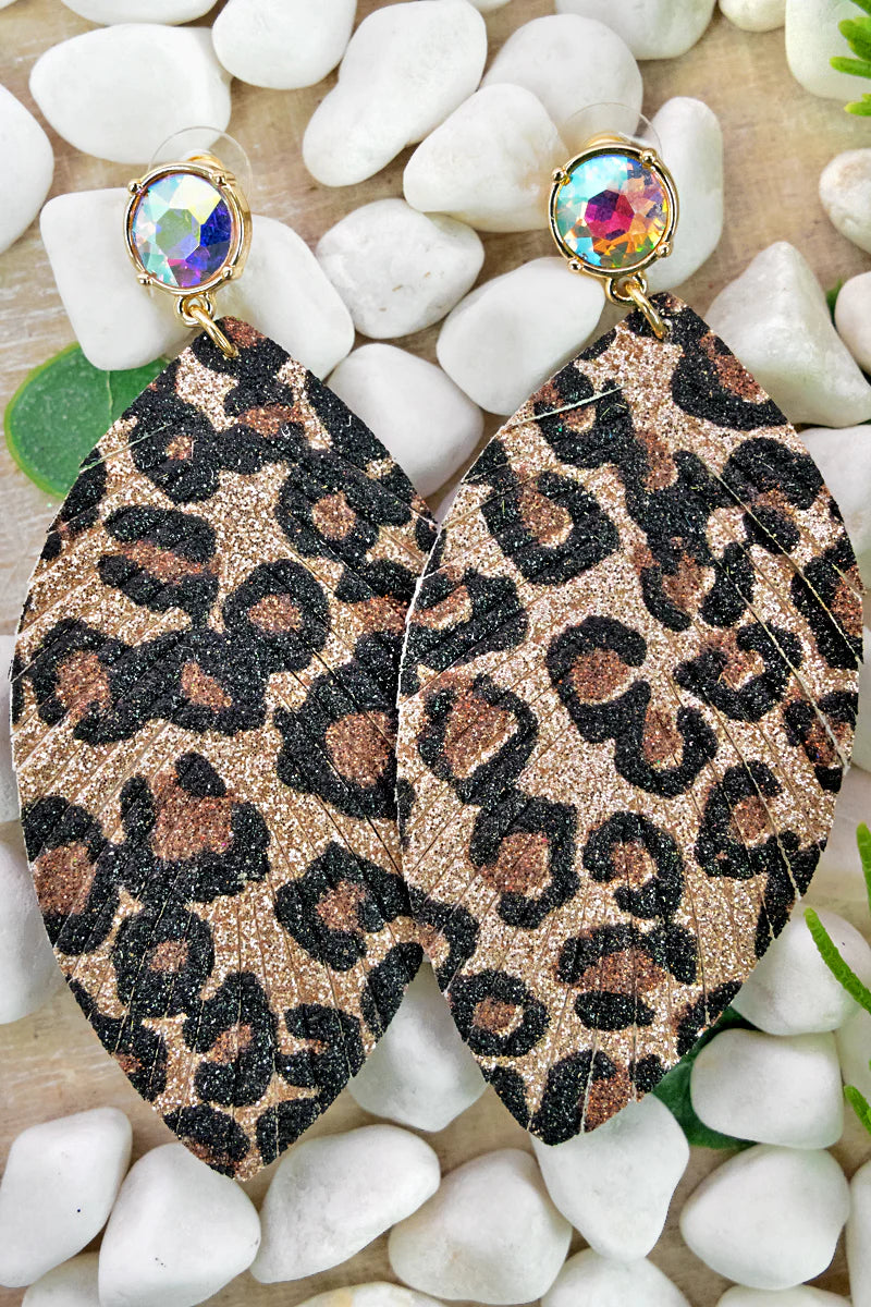 LEOPARD GLITTER SHREDDED LEAF EARRINGS